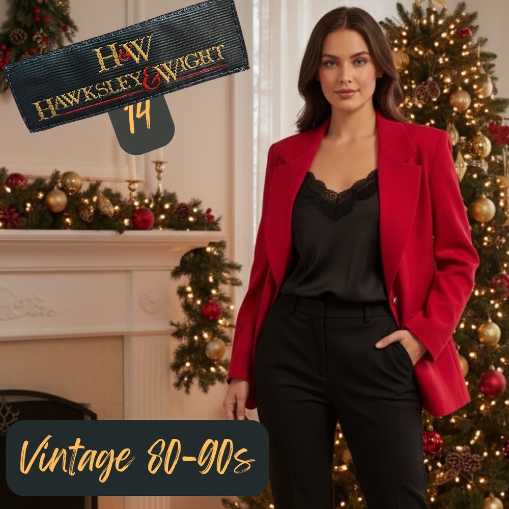 VINTAGE HAWKSLEY & WIGHT Women's RED Wool Blazer Gold Crest Button 14 EUC